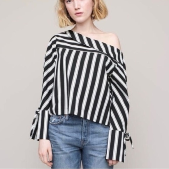 Topshop Black and White One Shoulder Popover Long Bow Tie Sleeve Top - Picture 1 of 13